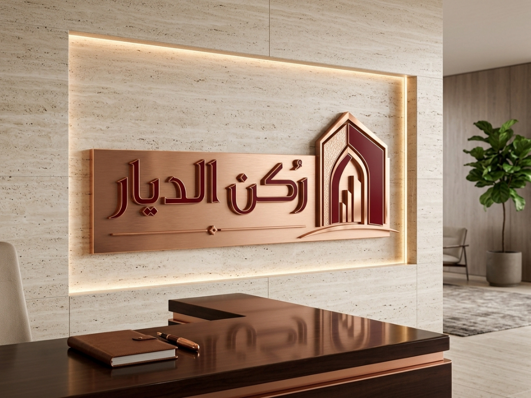 مجسم الشعار المعدني على الجدار الرخامي